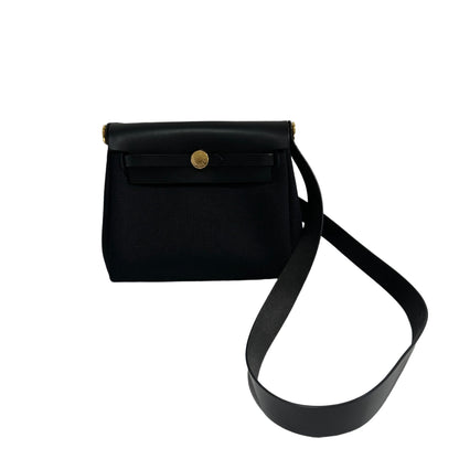 Used HERMES Canvas Leather Mini Herbag Handbag Black GHW