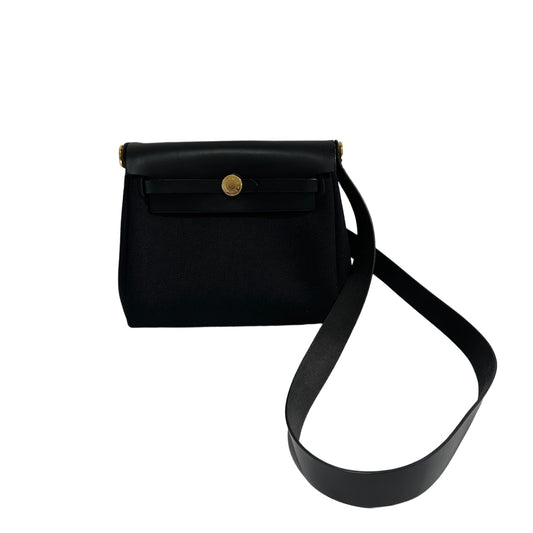 Used HERMES Canvas Leather Mini Herbag Handbag Black GHW
