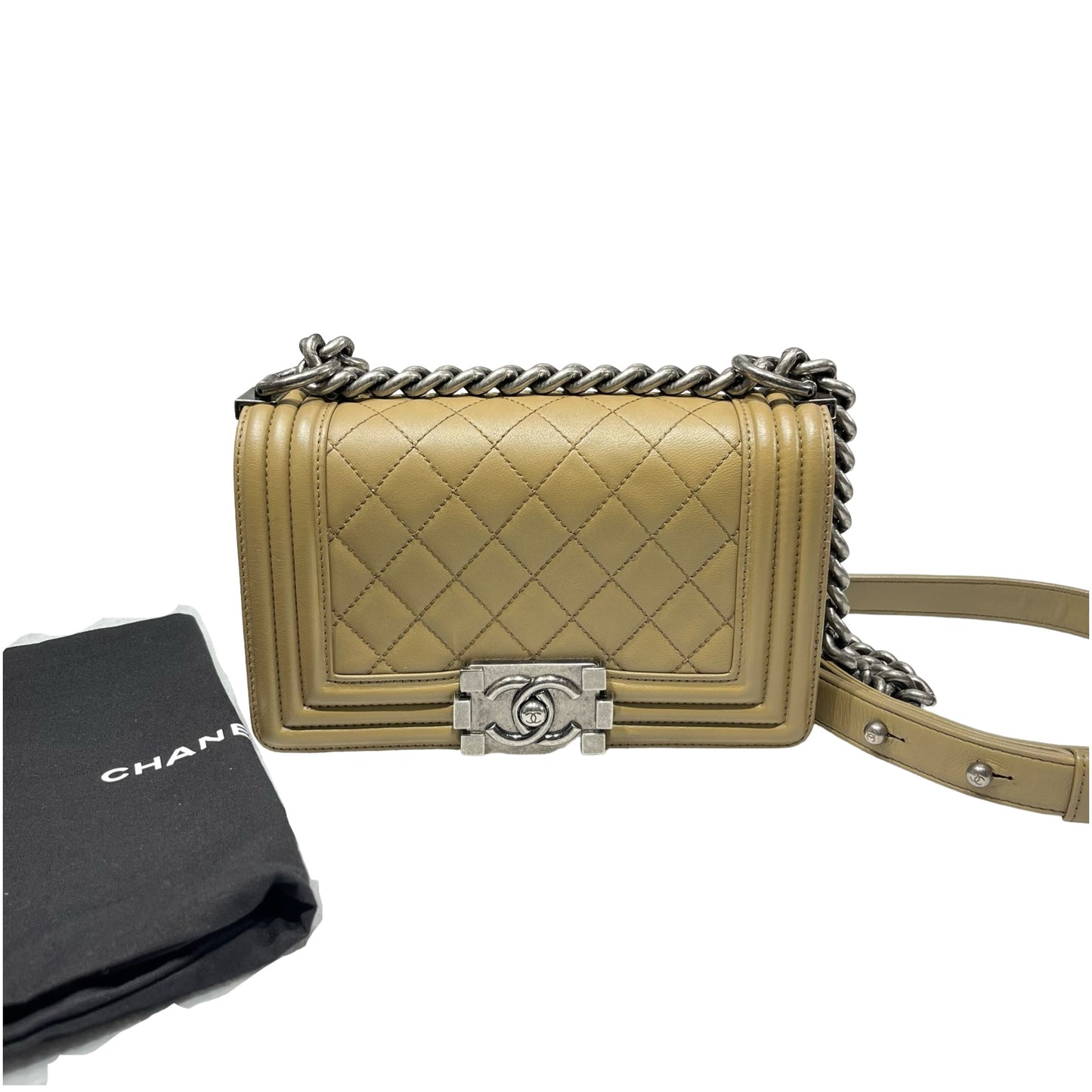 Used CHANEL Lambskin Leather Boy 20cm Shoulder Bag PHW Brown