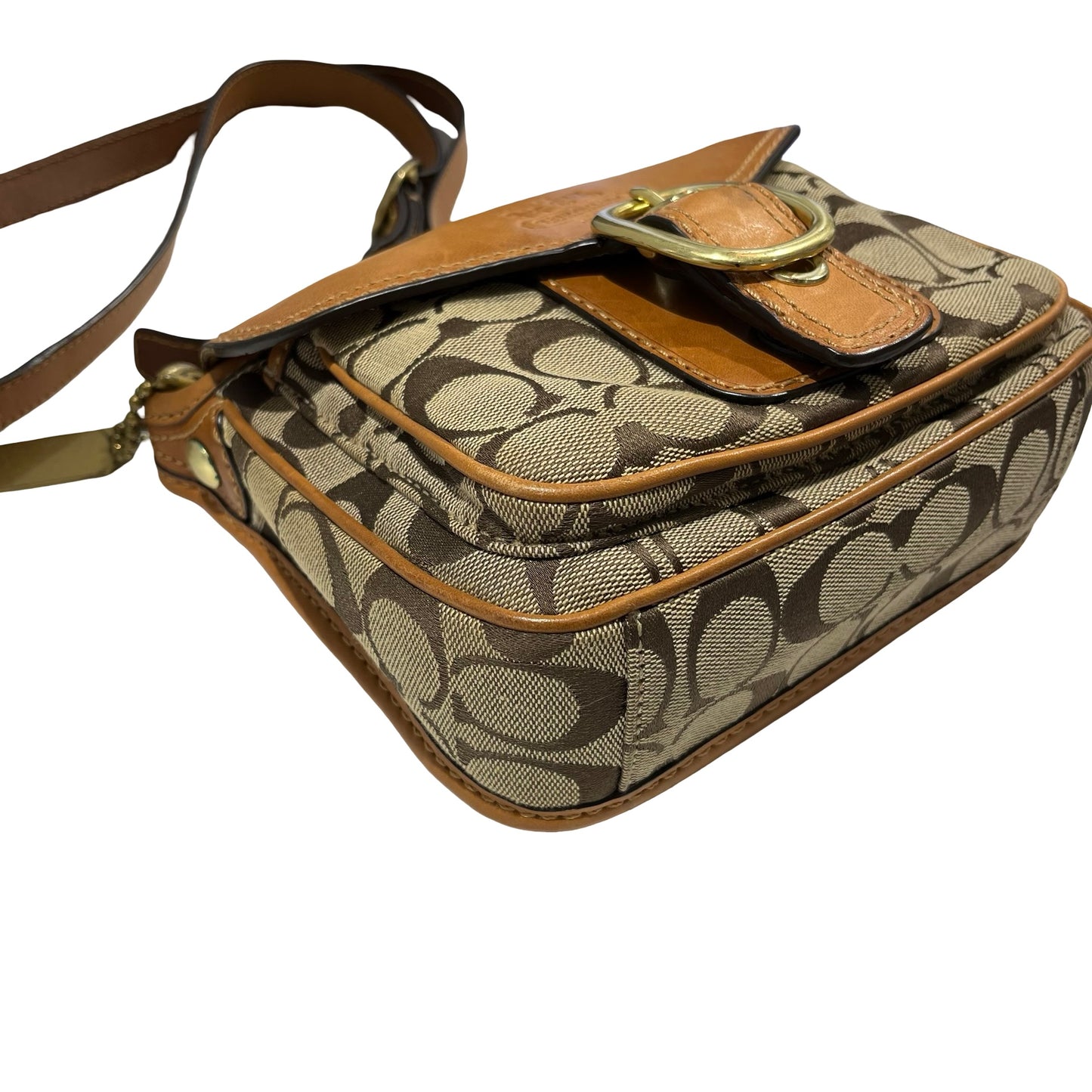 Used COACH Signature Canvas Leather Signature Canvas Flap Bag Crossbody Bag Brown Beige