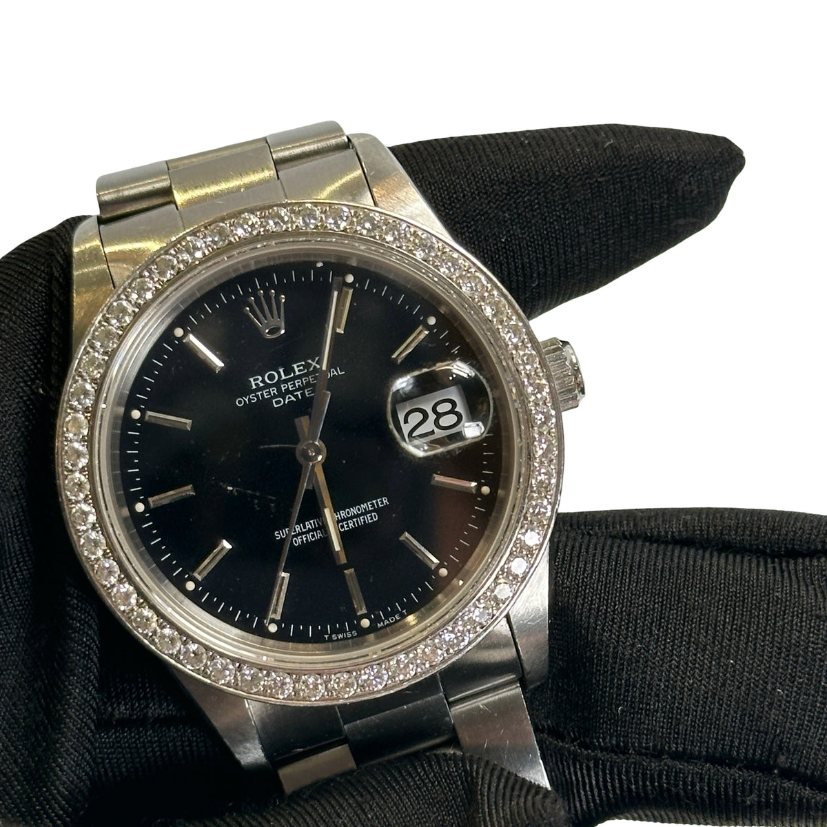 Used ROLEX Stainless Steel Diamond Bezel Oyster Perpetual Date Watch Silver Black