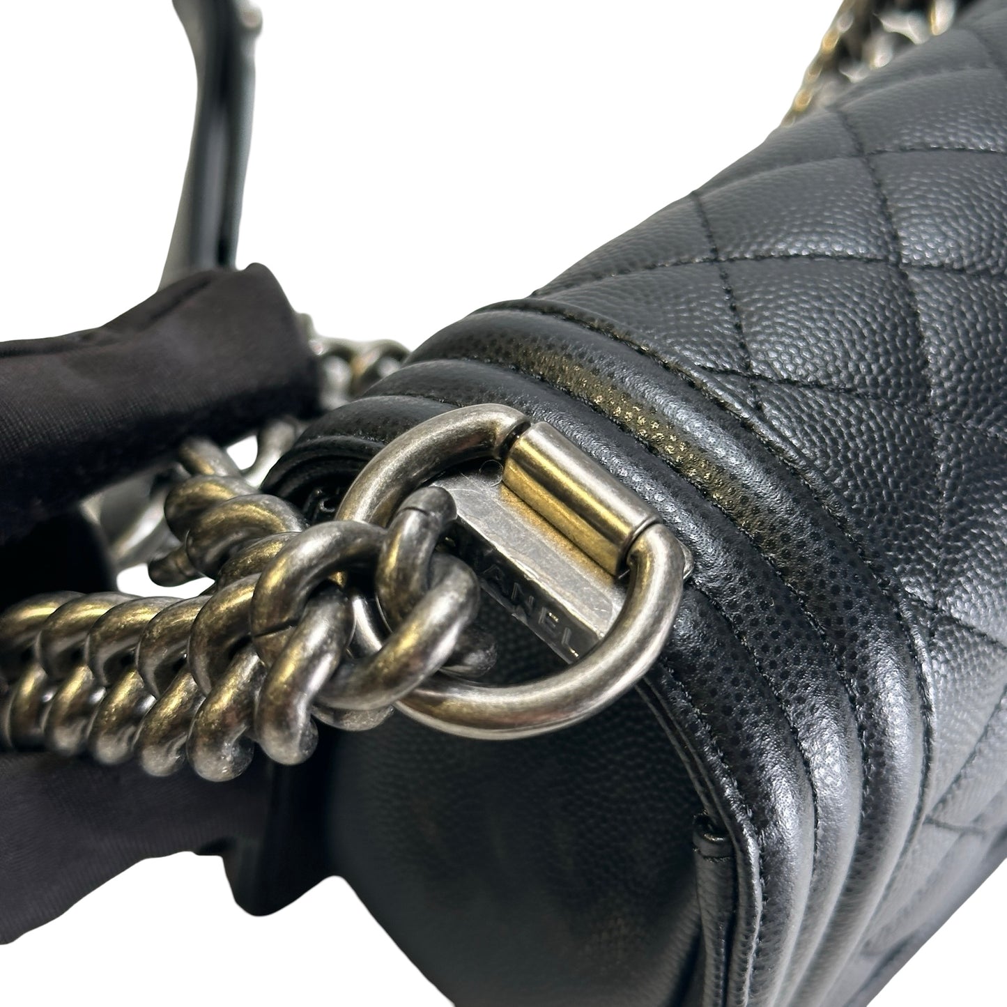 Used CHANEL Quilted Caviar Boy Chain Shoulder Bag Black