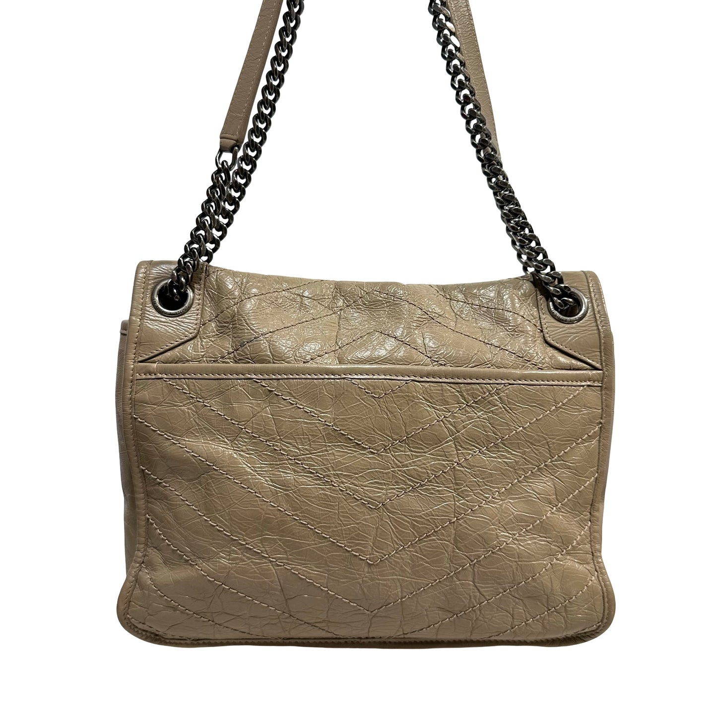 Used SAINT LAURENT Chevron Quilted Niki Chain Shoulder Bag Beige