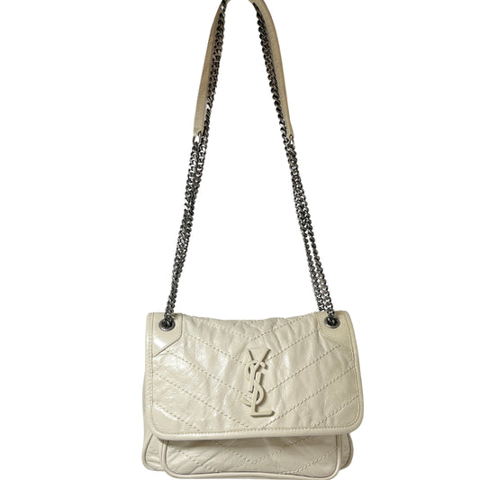 Used SAINT LAURENT Calfskin Leather Nikki Chain Shoulder Bag Beige PHW