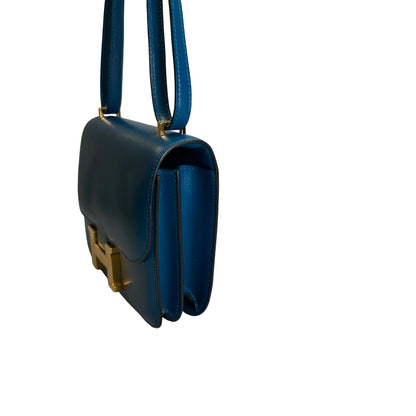 Used HERMES Epsom Leather Constance Shoulder Bag Blue Gold Hardware