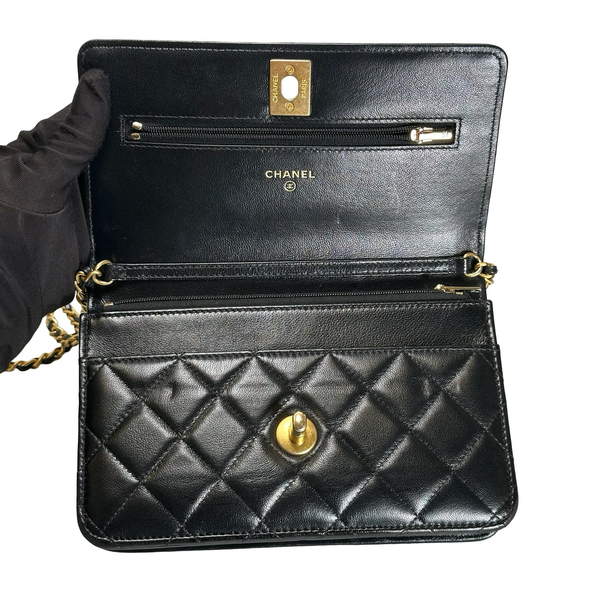 Used CHANEL Quilted Leather Wallet on Chain Wallet on chain Black Gold