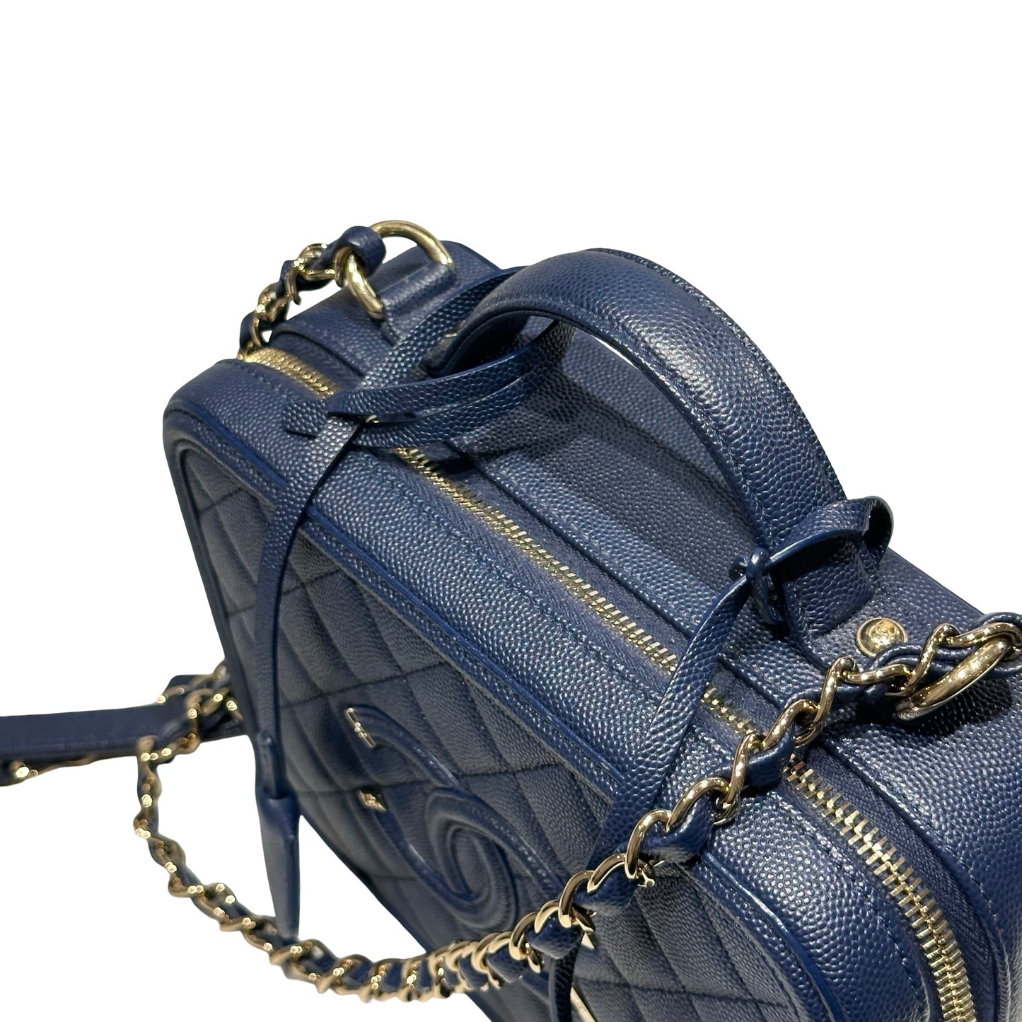 Unused CHANEL Calfskin Leather Vanity Case Navy Blue