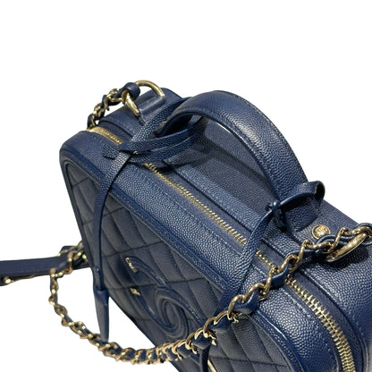 Unused CHANEL Calfskin Leather Vanity Case Navy Blue