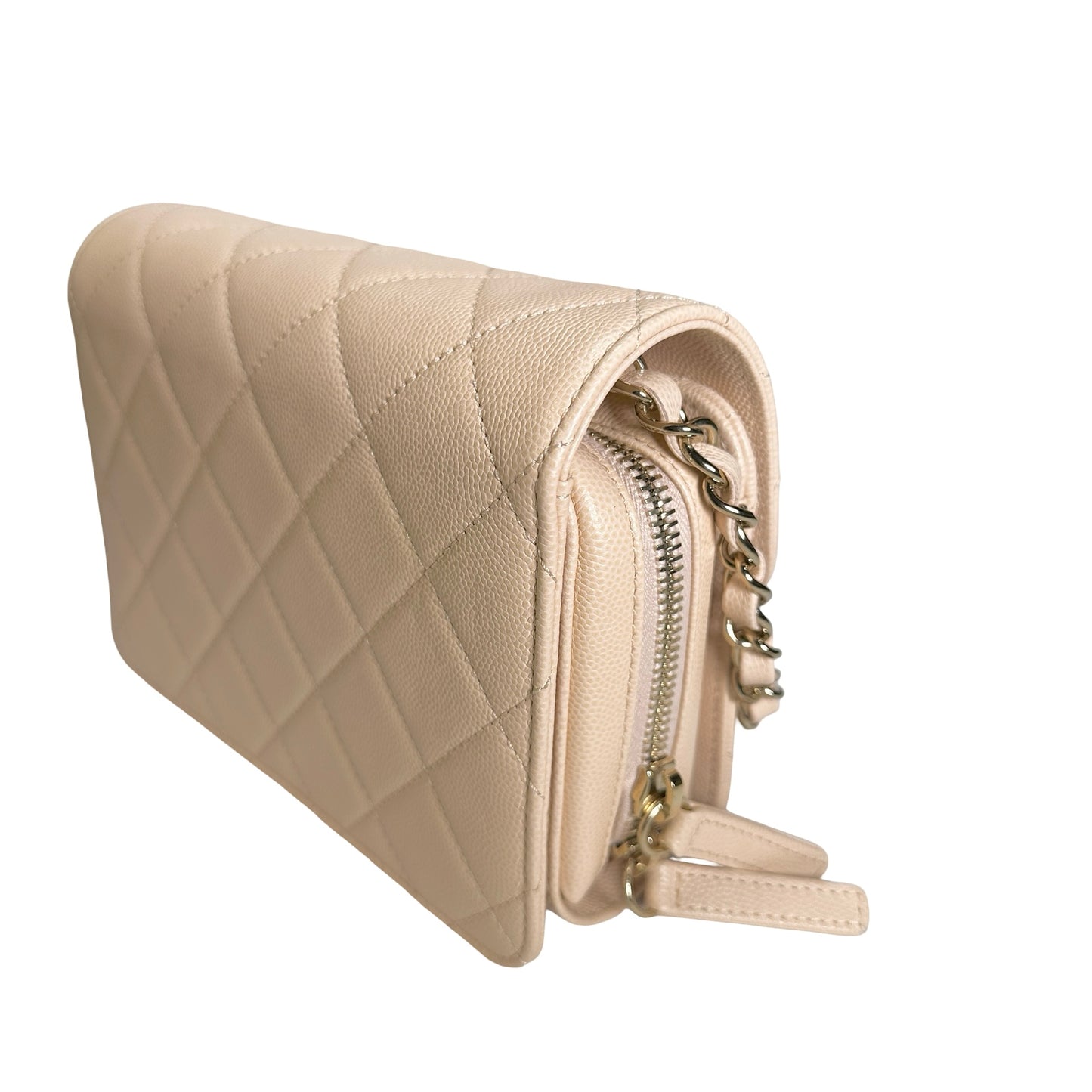 Used CHANEL Quilted Caviar Flap Bag Chain Shoulder Bag Beige