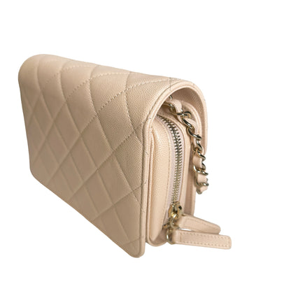 Used CHANEL Quilted Caviar Flap Bag Chain Shoulder Bag Beige