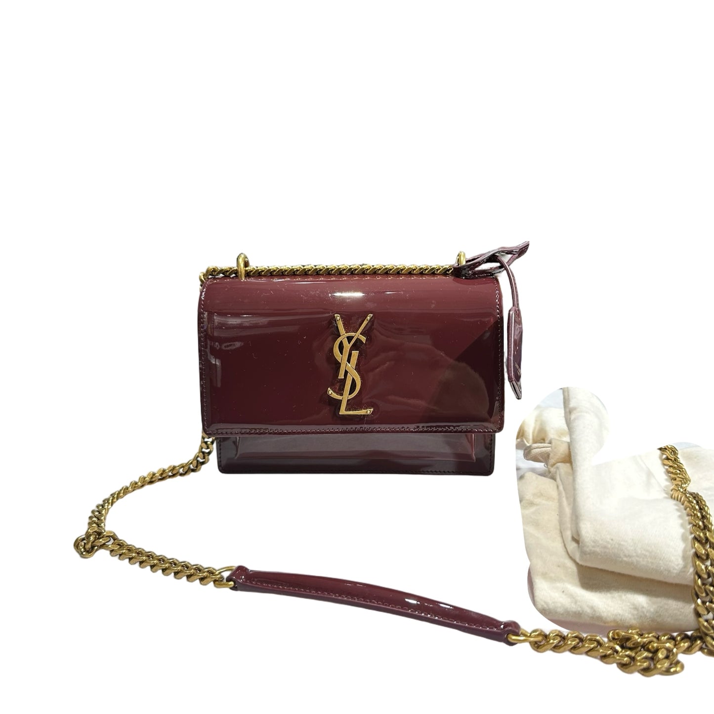 New SAINT LAURENT Patent Leather Small Sunset Chain Shoulder Bag Burgundy