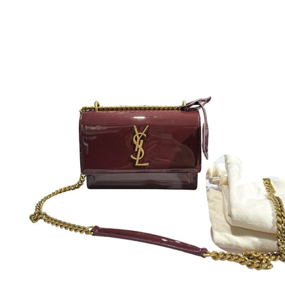 New SAINT LAURENT Patent Leather Small Sunset Chain Shoulder Bag Burgundy