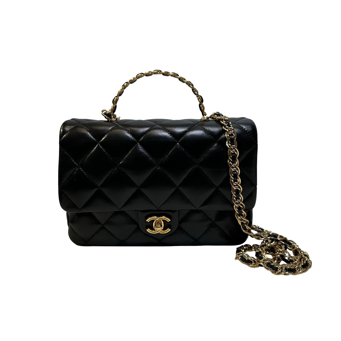 Used CHANEL Quilted Lambskin Top Handle Flap Bag Handbag Black