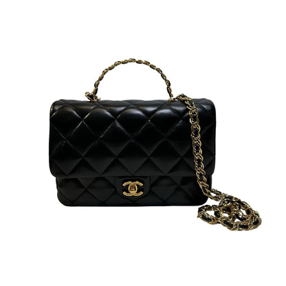 Used CHANEL Quilted Lambskin Top Handle Flap Bag Handbag Black