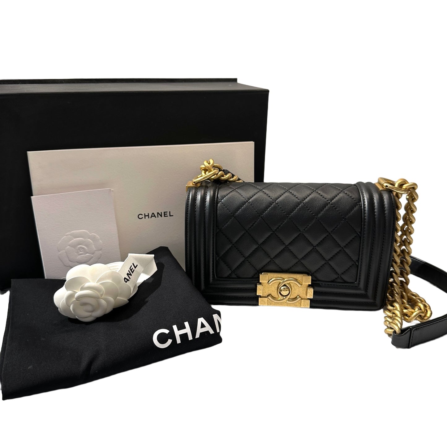 Used CHANEL Lambskin Leather Boy 20cm Shoulder Bag Black GHW
