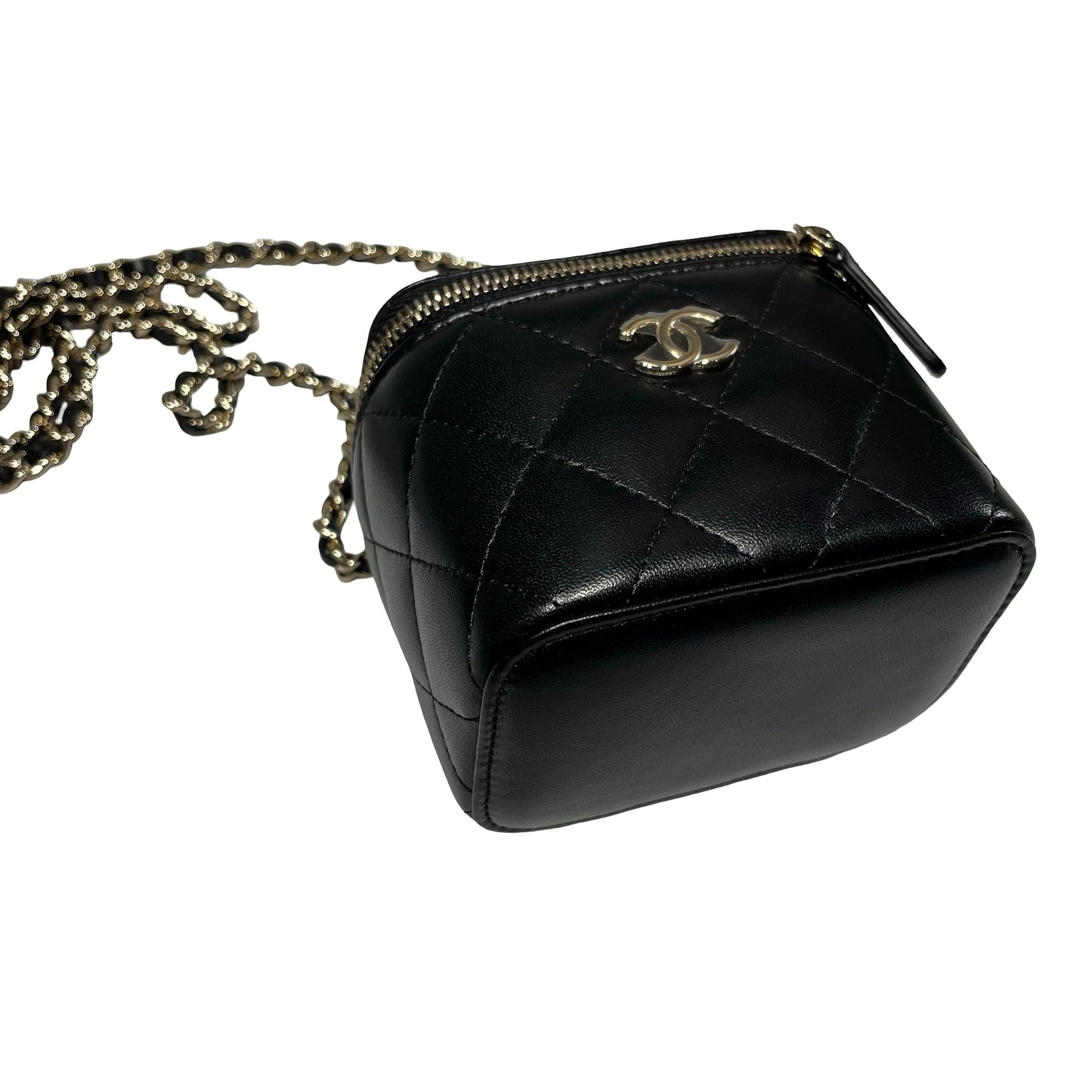 Used CHANEL Lambskin Leather Vanity Case Cross Body Bag Black GHW