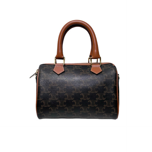 Used CÉLINE Calfskin Leather TRIOMPHE Canvas Boston small Shoulder Bag Brown GHW