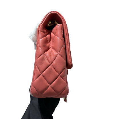 Used CHANEL Lambskin Leather Valentine Charm Classic Flap 25 Medium Chain Shoulder Bag Pink