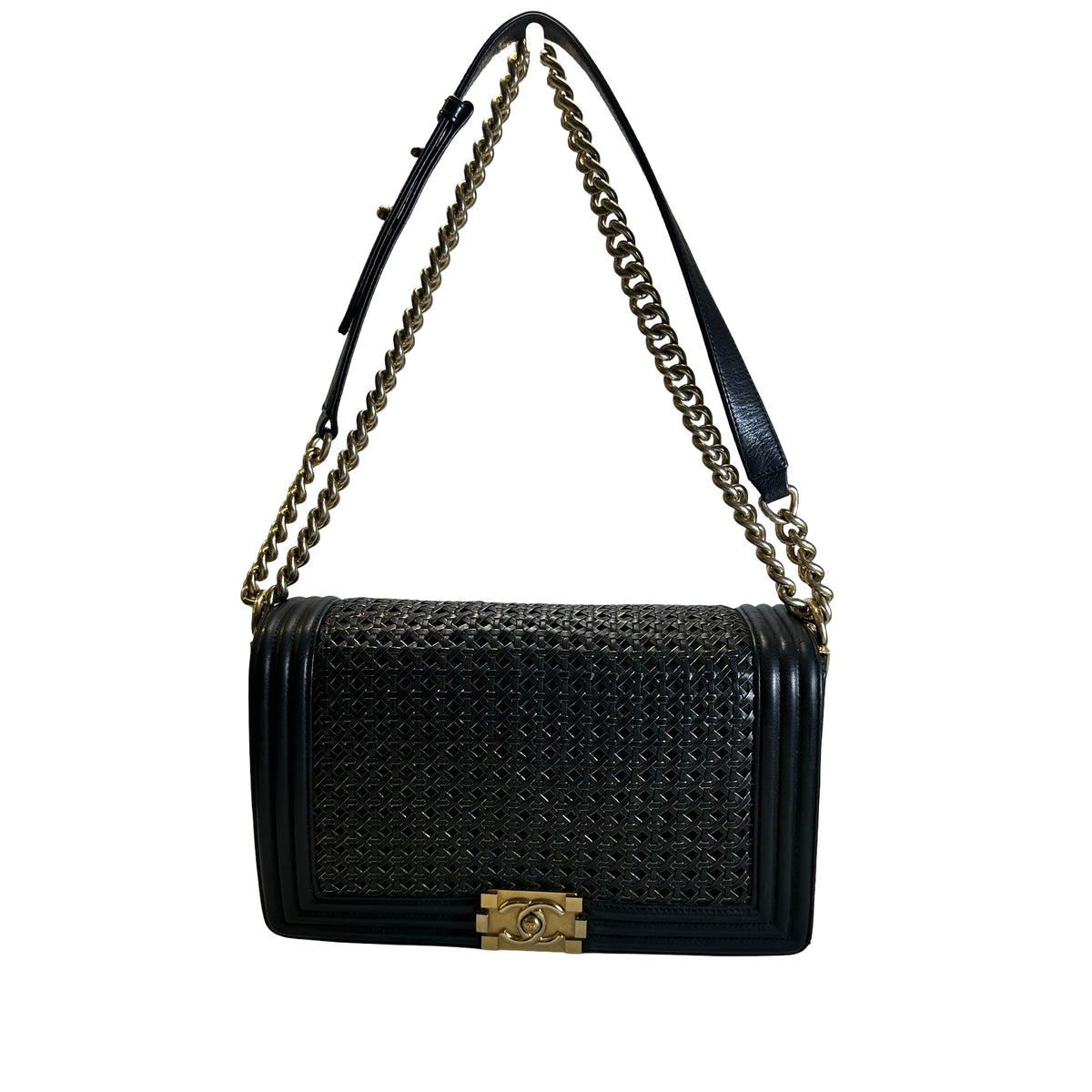 Used CHANEL Woven Leather Boy Chain Shoulder Bag Black Gold
