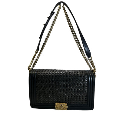 Used CHANEL Woven Leather Boy Chain Shoulder Bag Black Gold