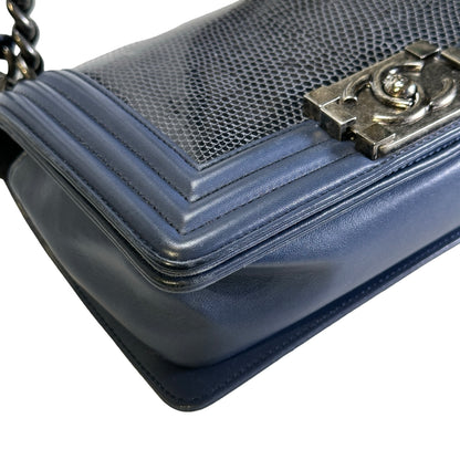 Used CHANEL Lizard Calfskin Boy Bag Shoulder Bag Navy Blue