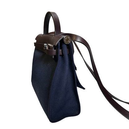 Used HERMES Toile Hunter Herbag Zip Handbag Navy Blue Brown