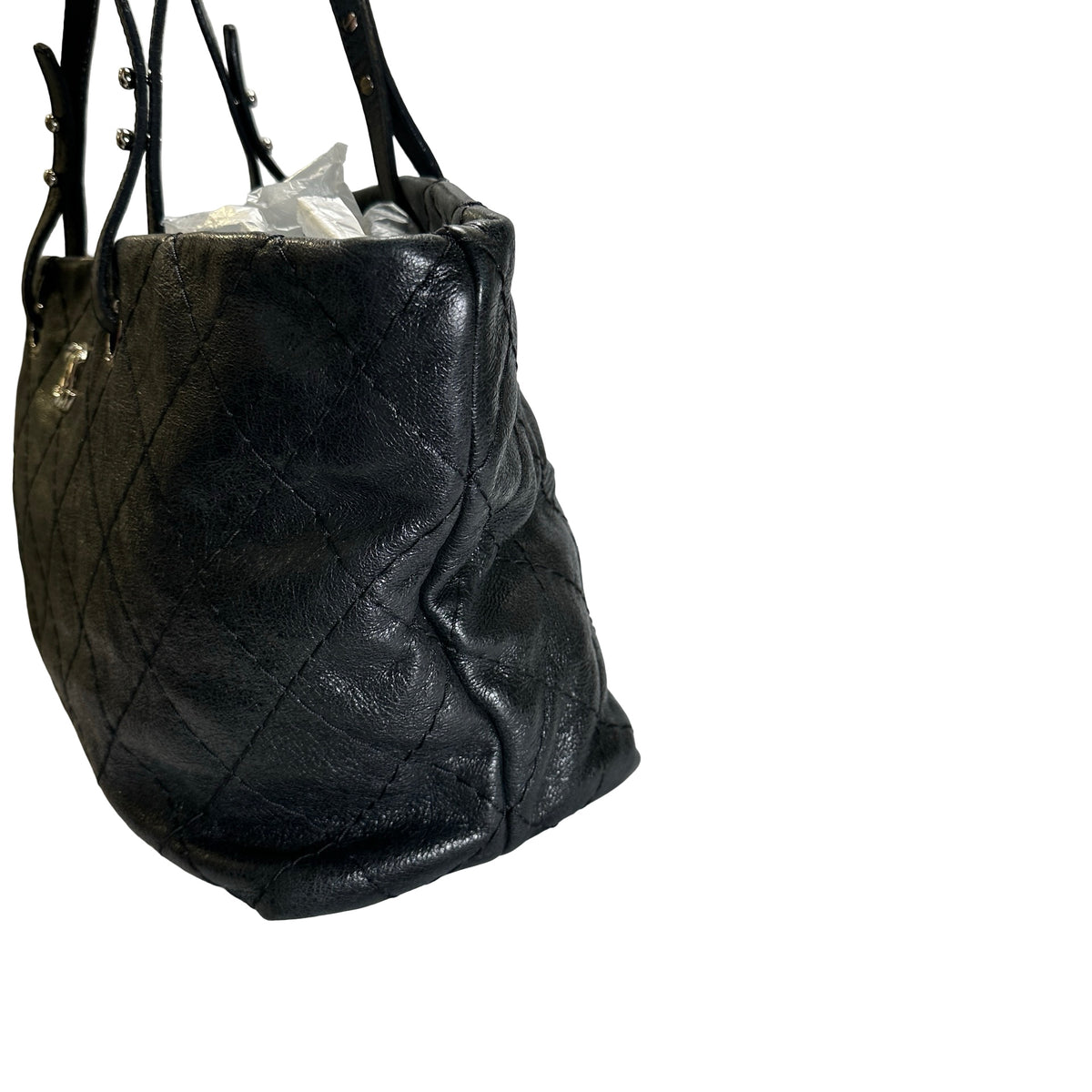 Used CHANEL Wrinkled Calfskin Hobo Shoulder Bag Black PHW