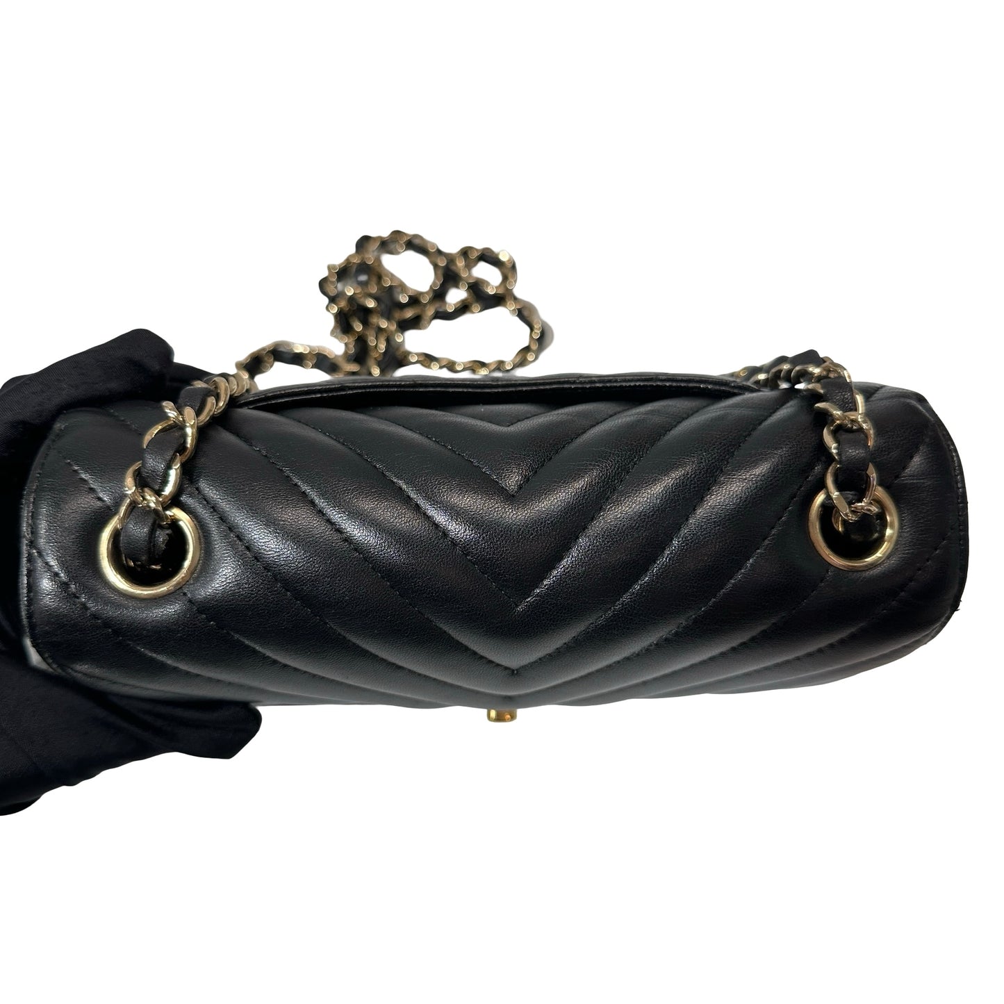 Used CHANEL Chevron Lambskin Leather Mini Square Flap Chain Shoulder Bag Black GHW