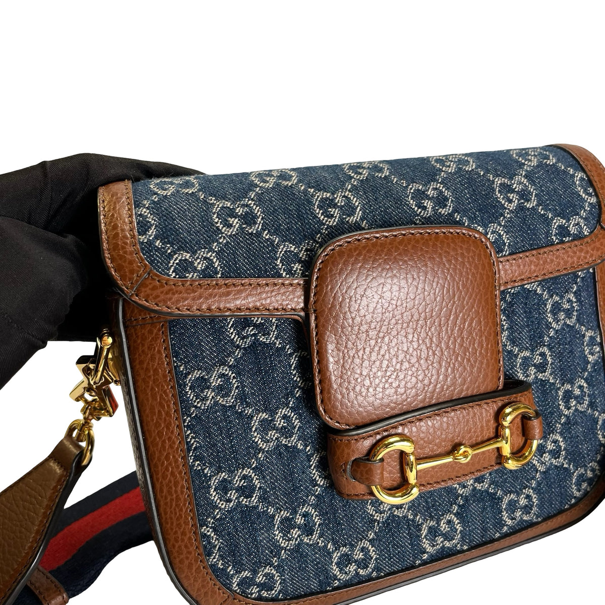 Used GUCCI GG Canvas Leather Trim Horsebit 1955 Mini Bag Shoulder Bag Blue Brown