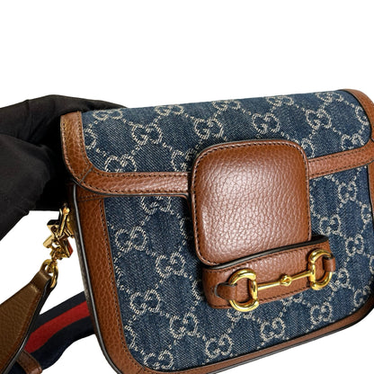 Used GUCCI GG Canvas Leather Trim Horsebit 1955 Mini Bag Shoulder Bag Blue Brown