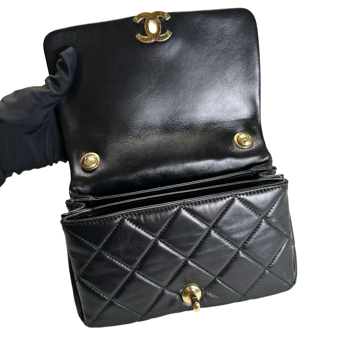 Used CHANEL Lambskin 22A Small Color Match Chain shoulder bag Black GHW