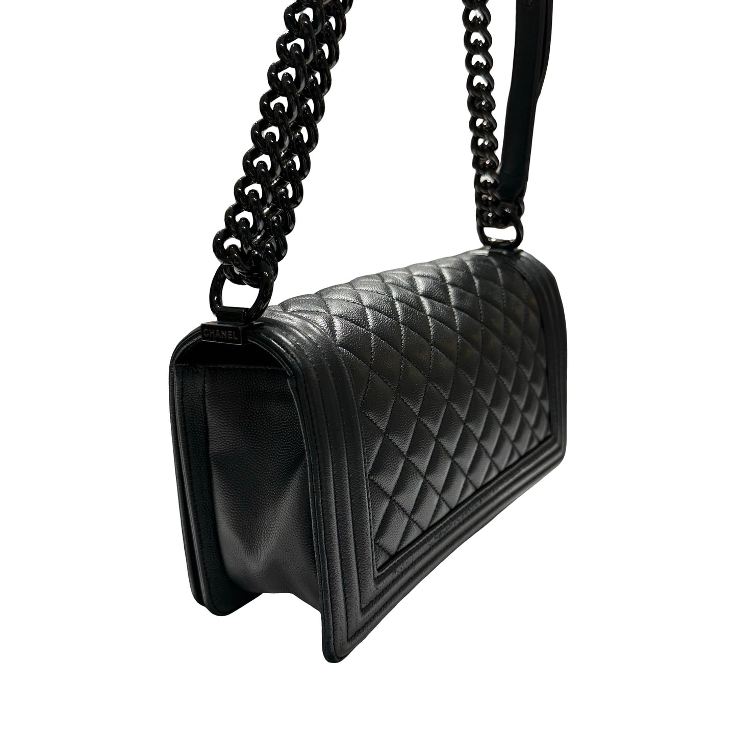 Used CHANEL Quilted Caviar Boy Chain Shoulder Bag Black