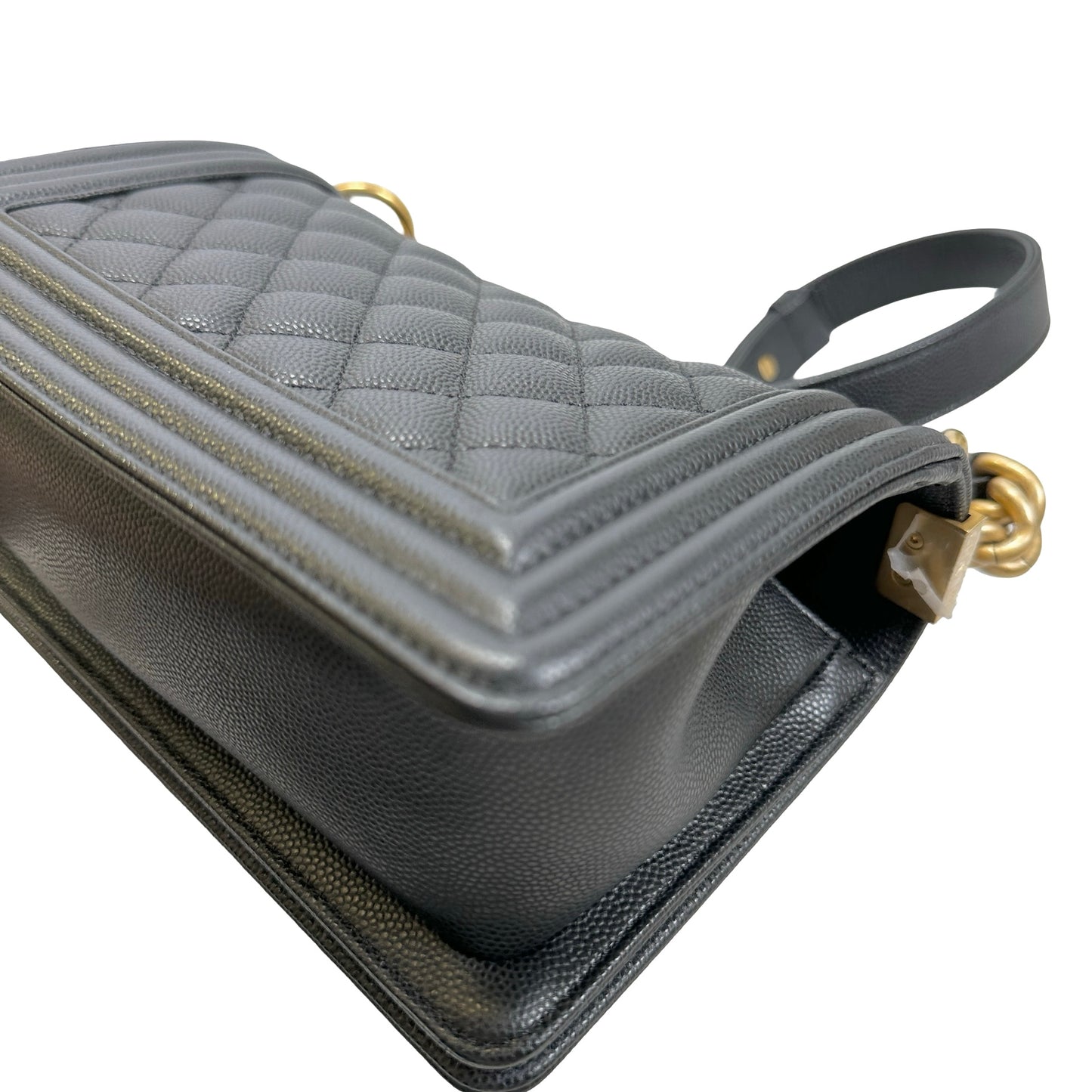 Used CHANEL Quilted Caviar Boy Chanel Flap Bag Chain Shoulder Bag Black Gold Hardware