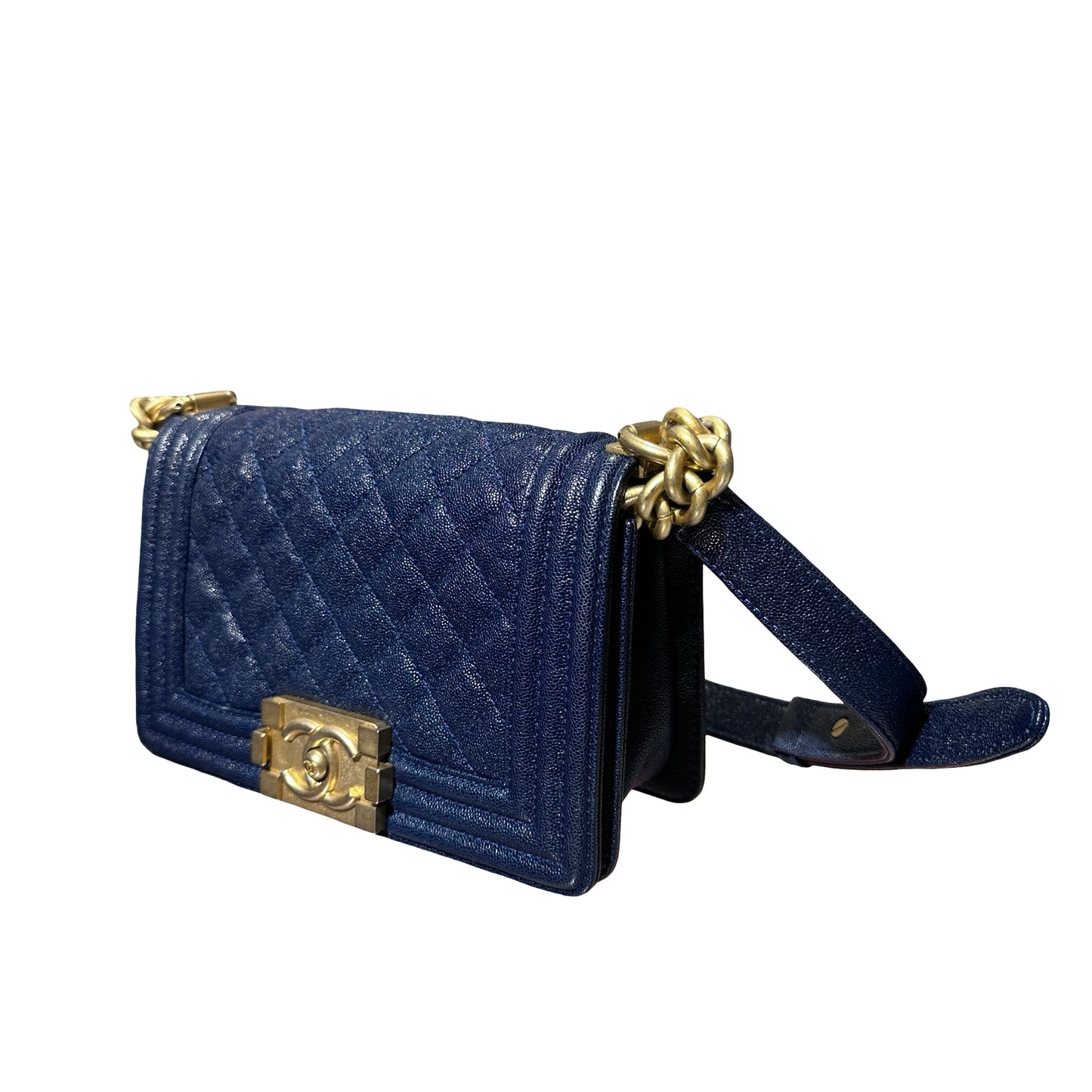 Used Chanel Calfskin Leather Boy 20cm Shoulder Bag Navy GHW