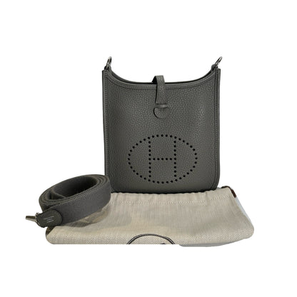 Used HERMES Clemence Leather Mini Evelyne Crossbody Bag Grey PHW