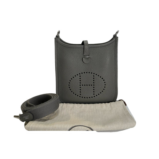 Used HERMES Clemence Leather Mini Evelyne Crossbody Bag Grey PHW