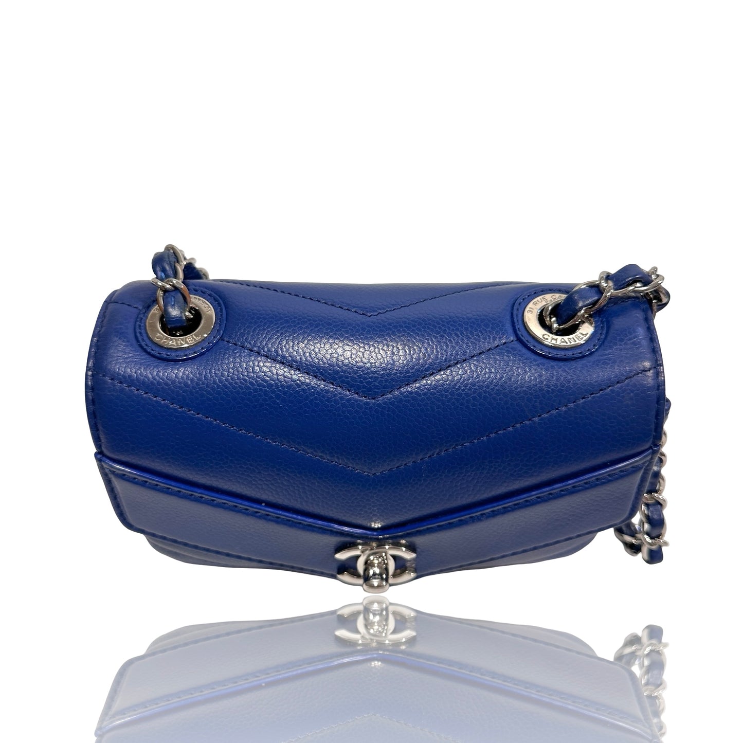Used CHANEL Calfskin Leather FLAP Cross Body Bag Navy Blue PHW