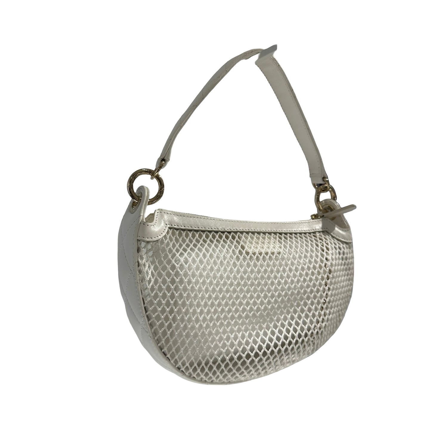 Used CHANEL Mesh Leather 25S Half Moon Clutch Hobo Bag White GHW