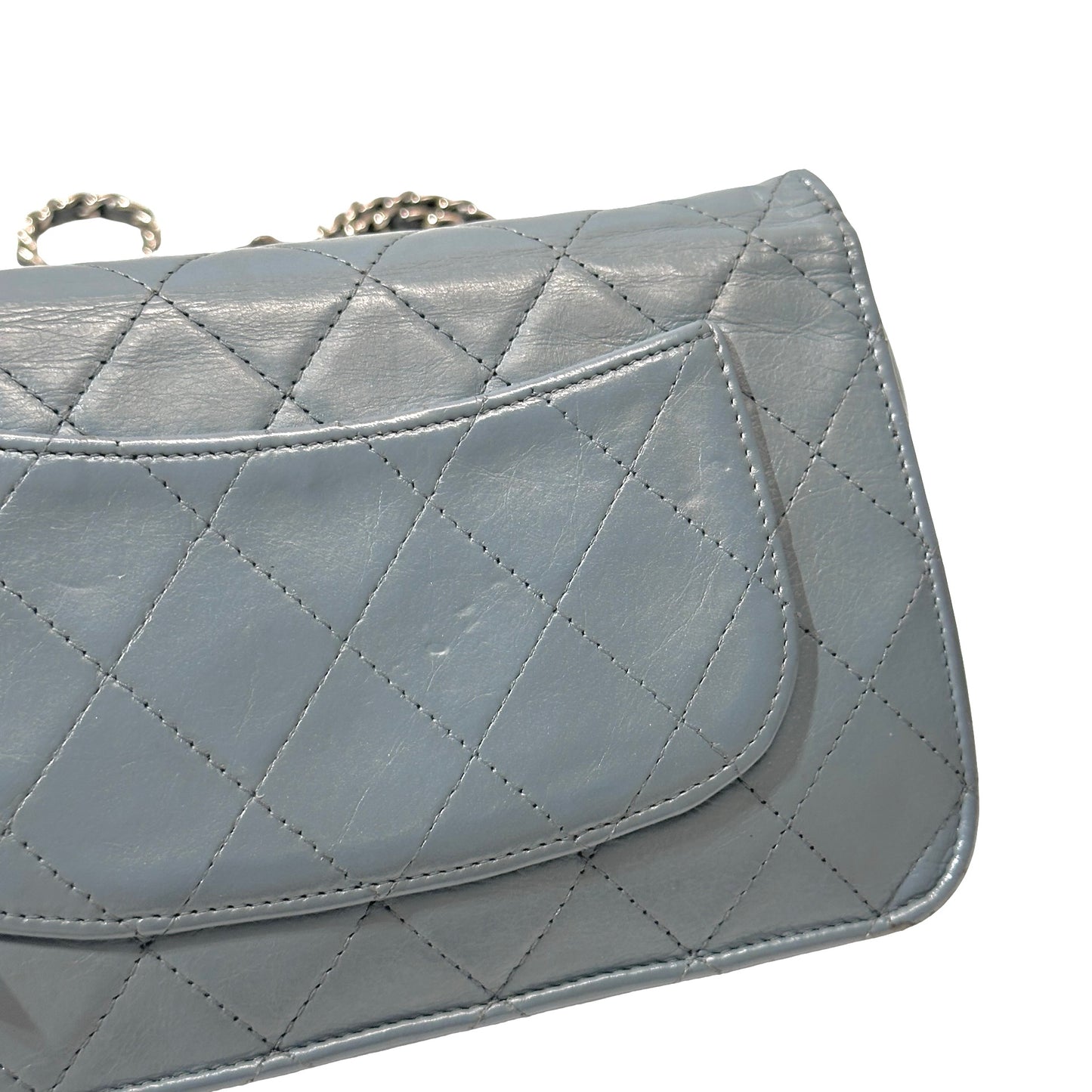 Used Chanel Shiny Calfskin WOC Cross Body Bag Baby Blue PHW