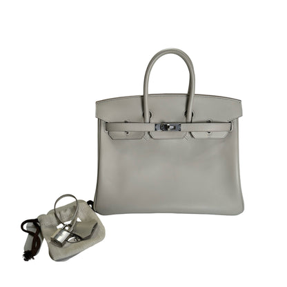 Used HERMES Swift Leather Birkin 25 Handbag Grey PHW