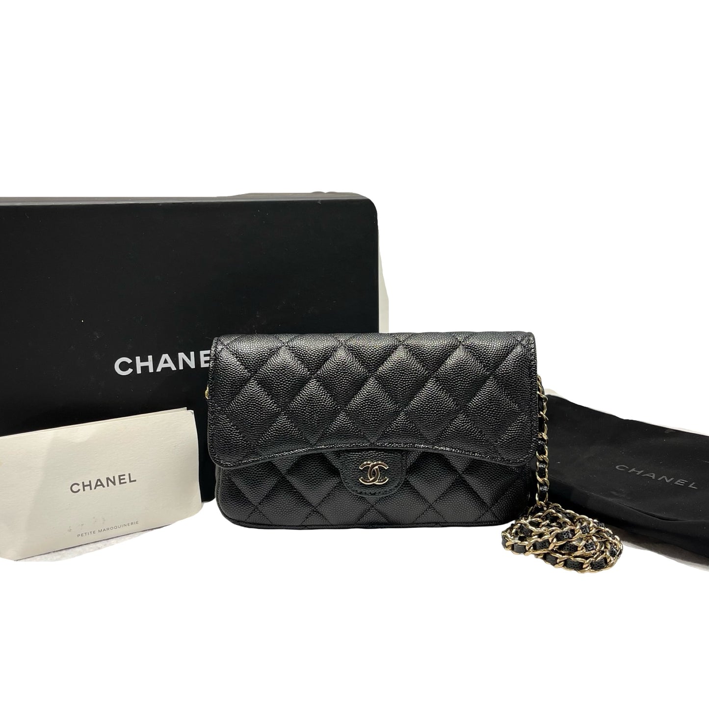 Used CHANEL Caviar Leather Chain Phone Case Cross Body Bag Black GHW