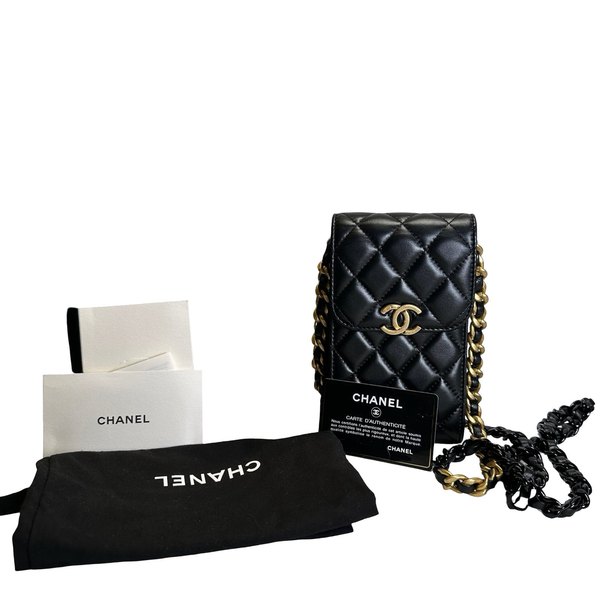 Used CHANEL Quilted Lambskin Chanel 19 Phone Holder Phone Bag Black Gold Ruthenium