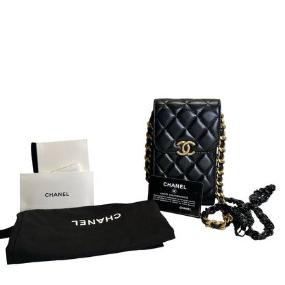 Used CHANEL Quilted Lambskin Chanel 19 Phone Holder Phone Bag Black Gold Ruthenium