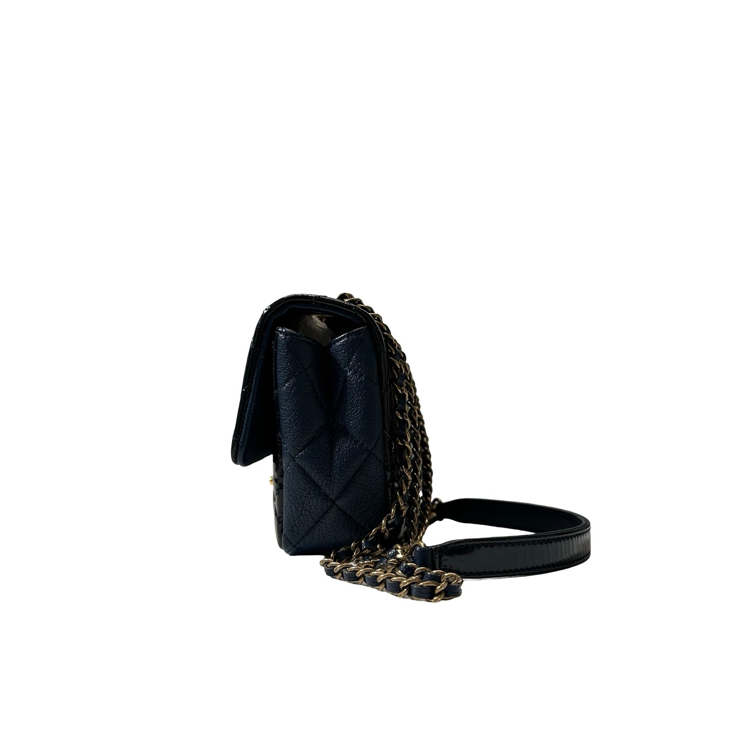 Used CHANEL Patent Leather MINI FLAP 20 CM Chain Shoulder Bag Navy Blue GHW