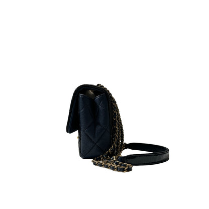 Used CHANEL Patent Leather MINI FLAP 20 CM Chain Shoulder Bag Navy Blue GHW