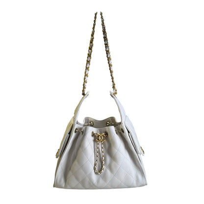 Used CHANEL Caviar Quilted 25 Small Handbag White Gold