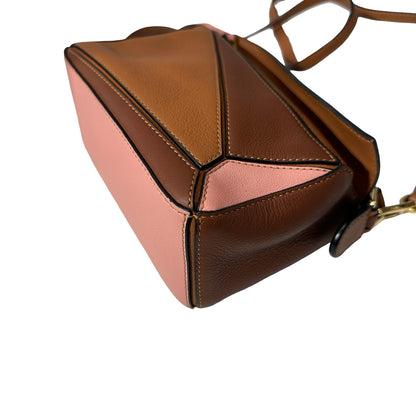 Used Loewe Calfskin Leather Puzzle Mini Cross Body Bag Brown Pink GHW