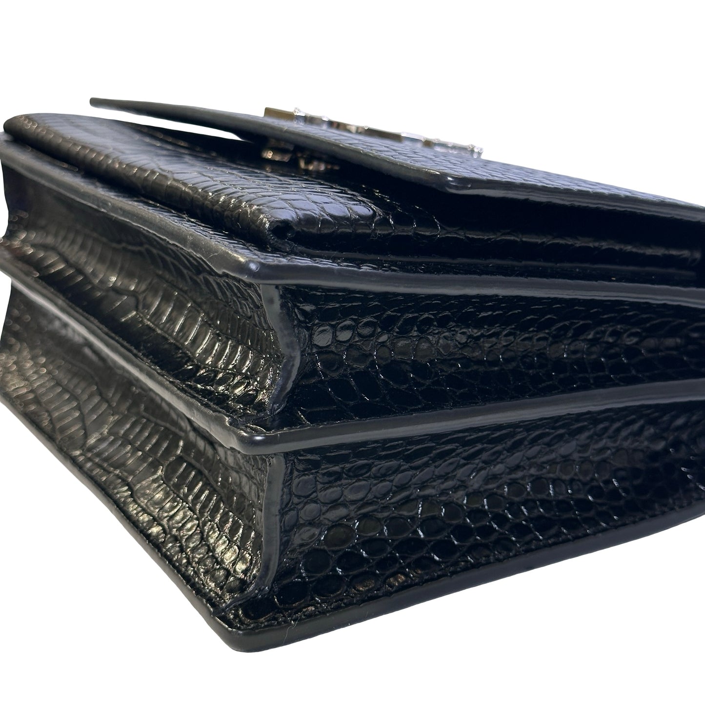 SAINT LAURENT Crocodile Embossed Leather Sunset Chain Shoulder Bag Black PHW