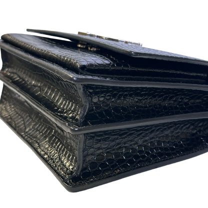 SAINT LAURENT Crocodile Embossed Leather Sunset Chain Shoulder Bag Black PHW