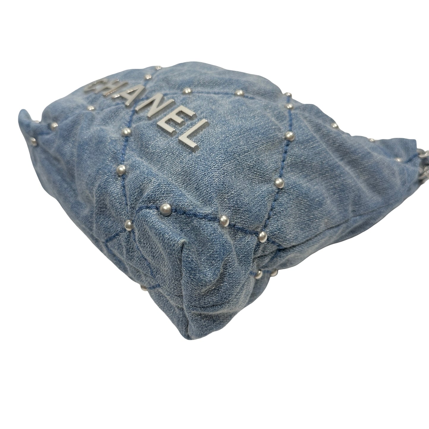 Used CHANEL Denim Quilted Studded Chanel 22 Mini Bag Blue Silver